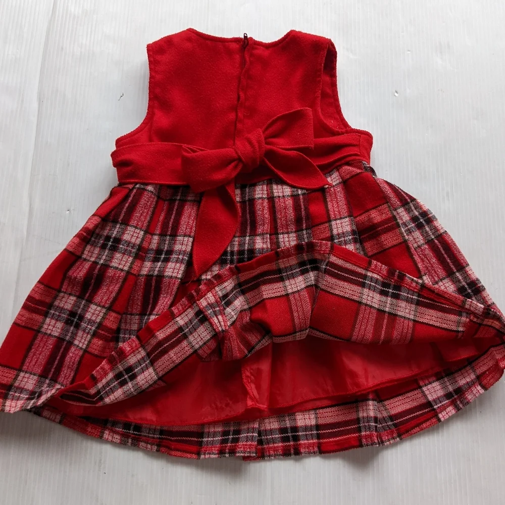 VINTAGE toddler girls red Christmas plaid pleated overall pinafore dress